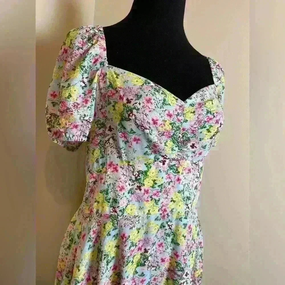 NWT Maison Tara Puff Sleeve Midi Dress Blue Floral Cottage Core Size 10 - Picture 5 of 10
